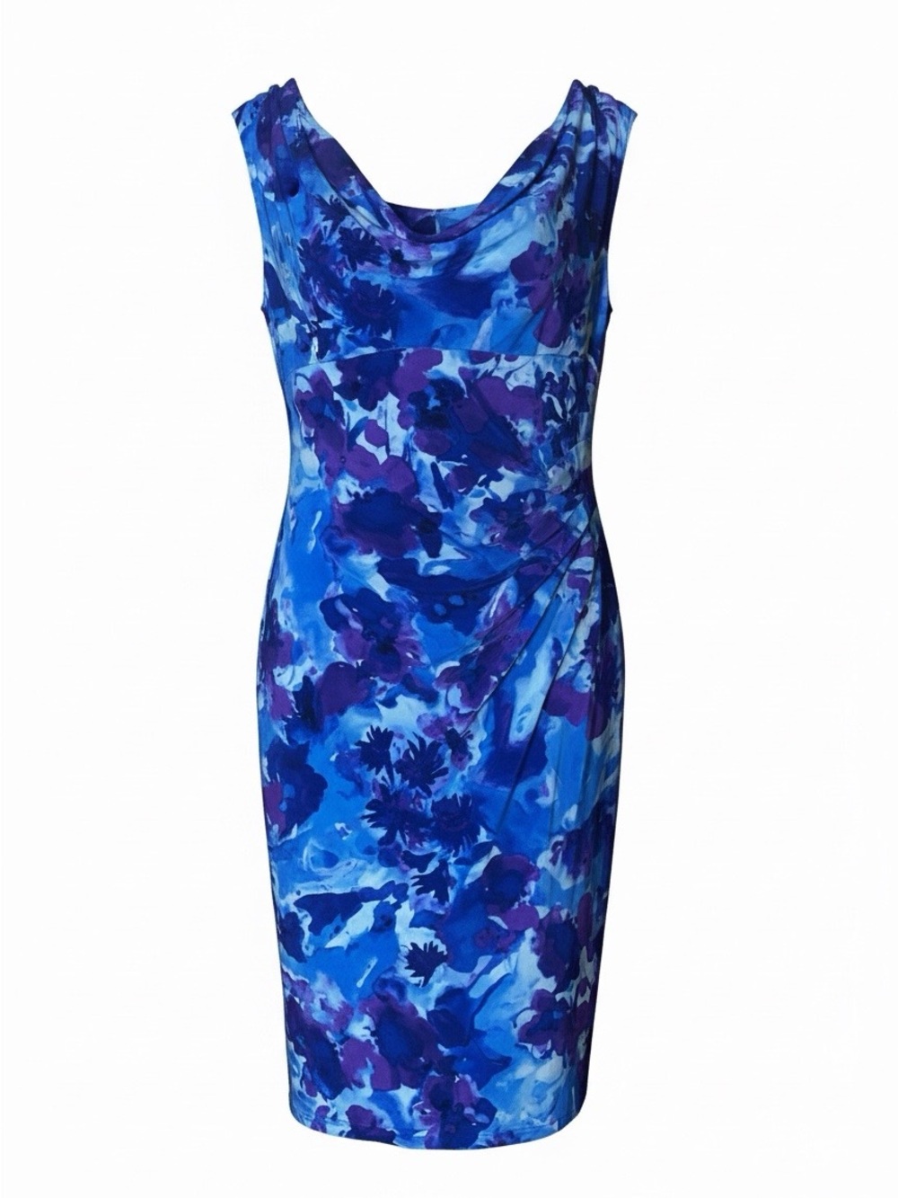 Lauren Ralph Lauren Blue and Purple Floral Cowl Neck Sheath (but lined) Dress